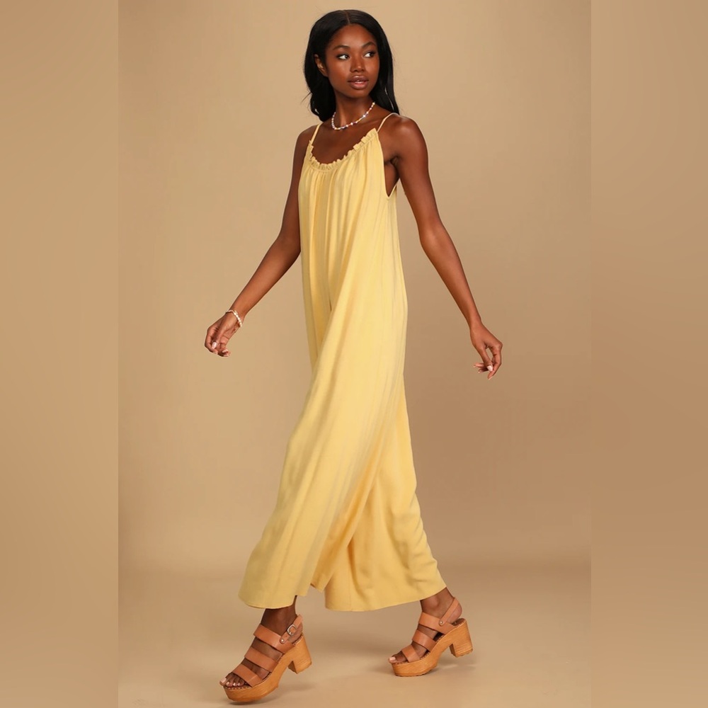 Lulus Women’s Small Breezy Yellow Wide-Leg Jumper‎ Tropical Summer Vacation